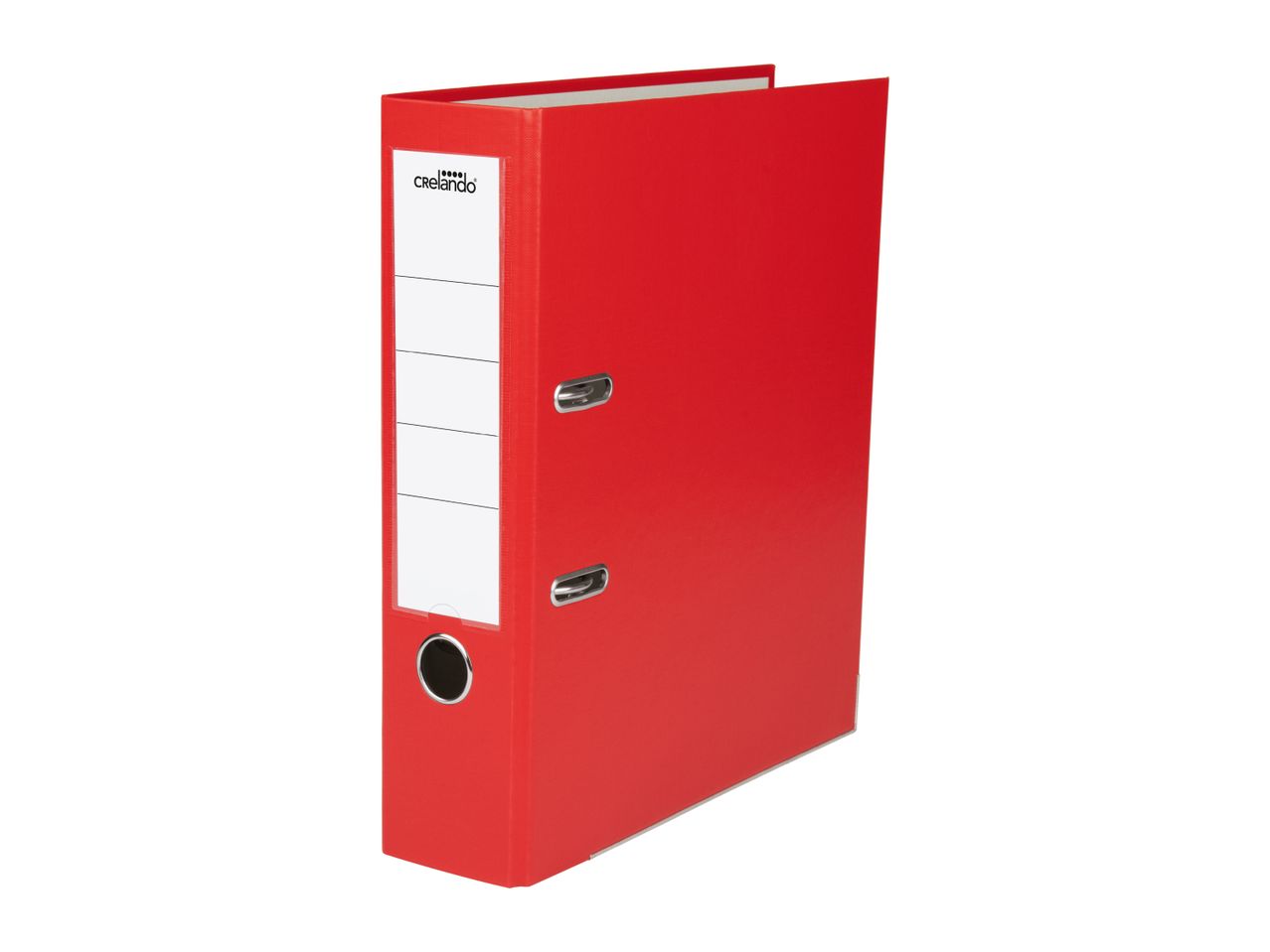 Red lever arch file with a white spine label and metal finger hole