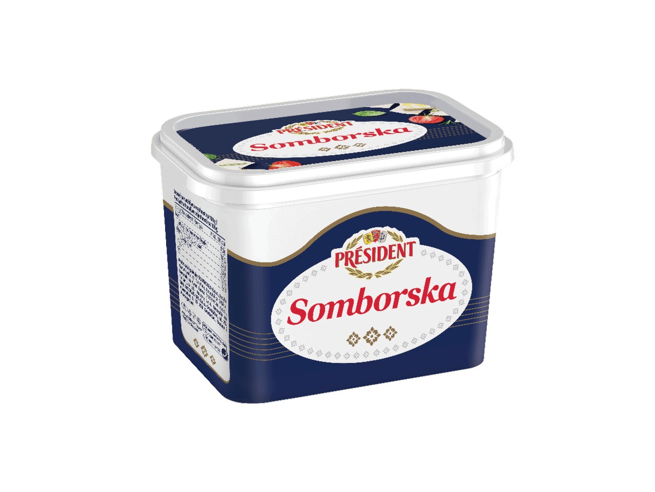 Beli sir u posudi sa crvenim paradajzom i zelenim začinskim biljem na poklopcu.