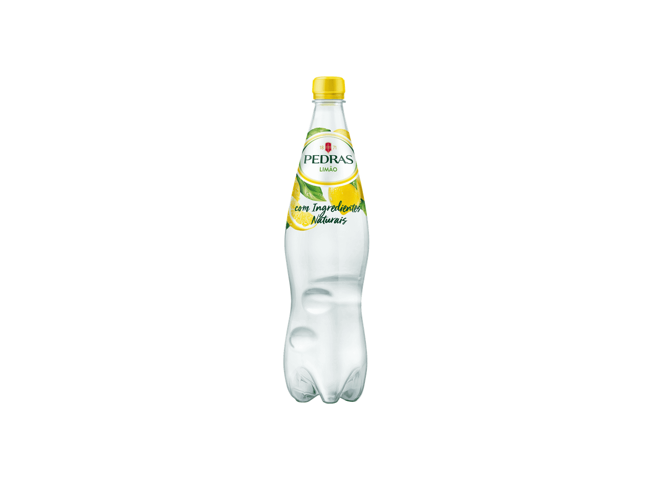Garrafa de água com gás com sabor a limão e rótulo com limões e folhas verdes.
