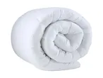 A rolled-up white duvet, showcasing its soft and fluffy texture.