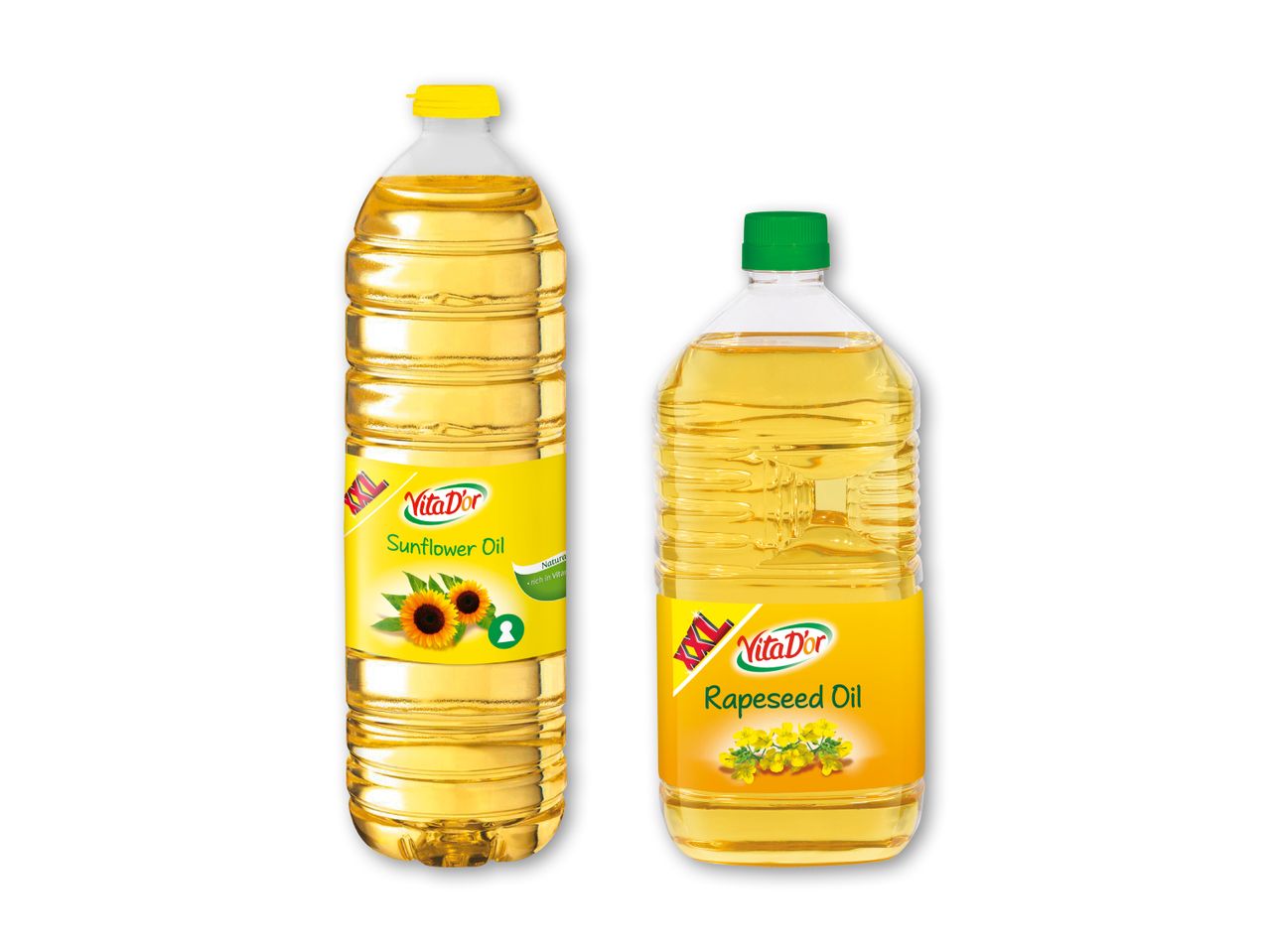 VitaDor solsikkeolie og raps olie i flasker.
