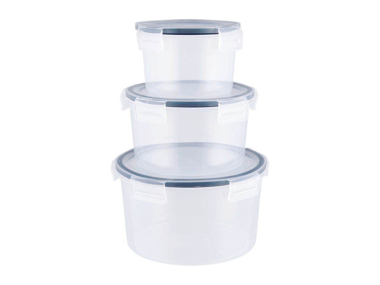 A stack of three clear plastic food storage containers with blue lids.