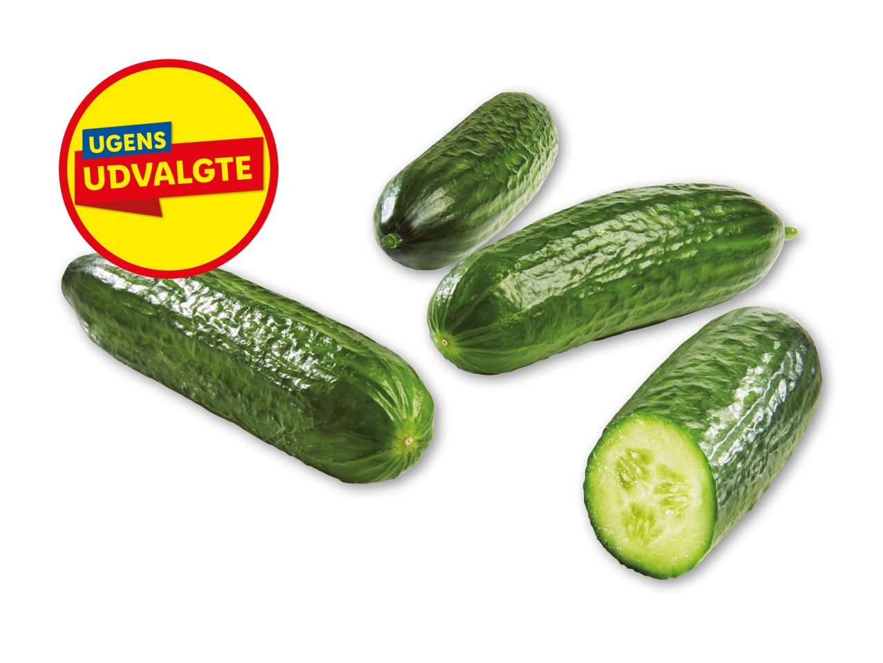 Agurker med et gult og rødt mærke, der siger 'UGENS UDVALGTE'.