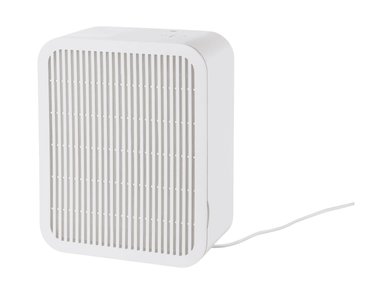 Purificateur d'air blanc avec façade grillagée et câble d'alimentation