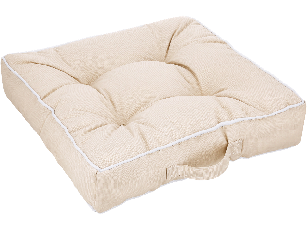 A beige tufted outdoor seat pad with white piping and a handle.