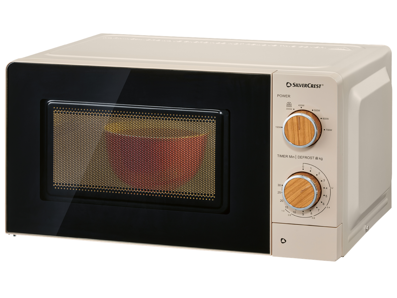 Бежова микровълнова фурна с черна врата и дървени копчета за управление