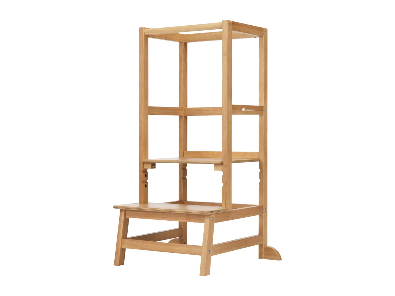 Wooden learning tower with adjustable height, featuring a natural wood finish.