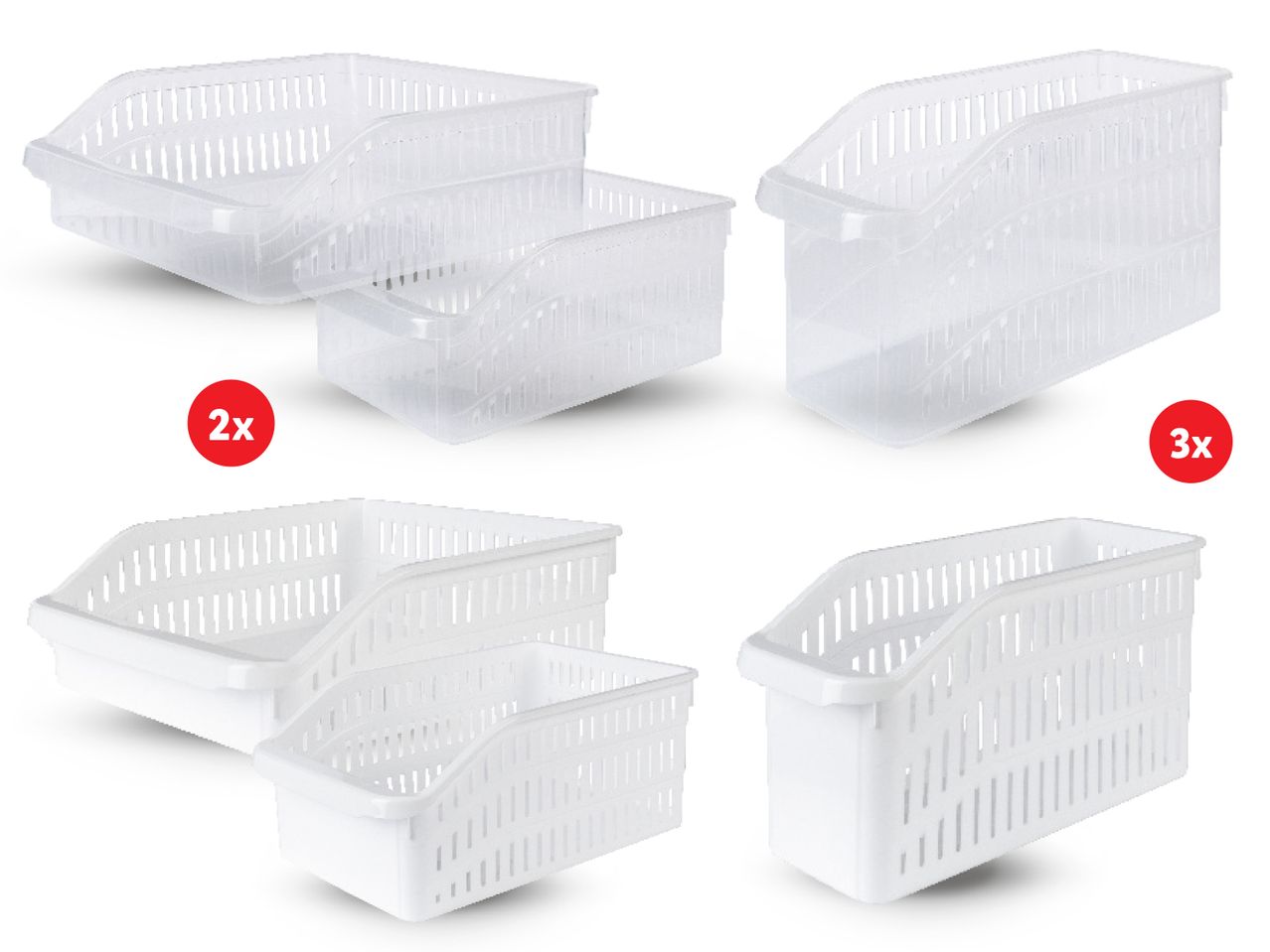Dvije prozirne i tri bijele plastične košare za pohranu.