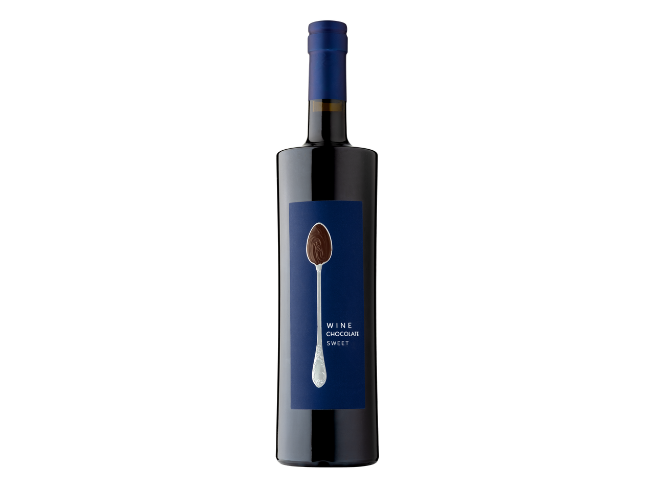 O sticlă de vin roșu dulce aromatizat cu ciocolată, cu o etichetă albastră.