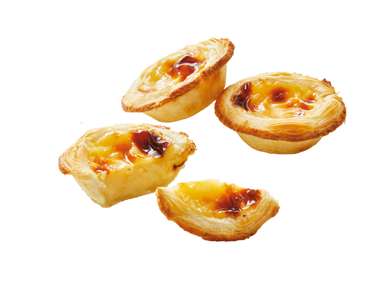 Fyra portugisiska vaniljbakar, varav en är delad, med gyllene fyllning och krispig deg.