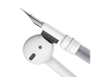 Uma caneta-tinteiro branca com uma escova limpando um fone de ouvido branco.