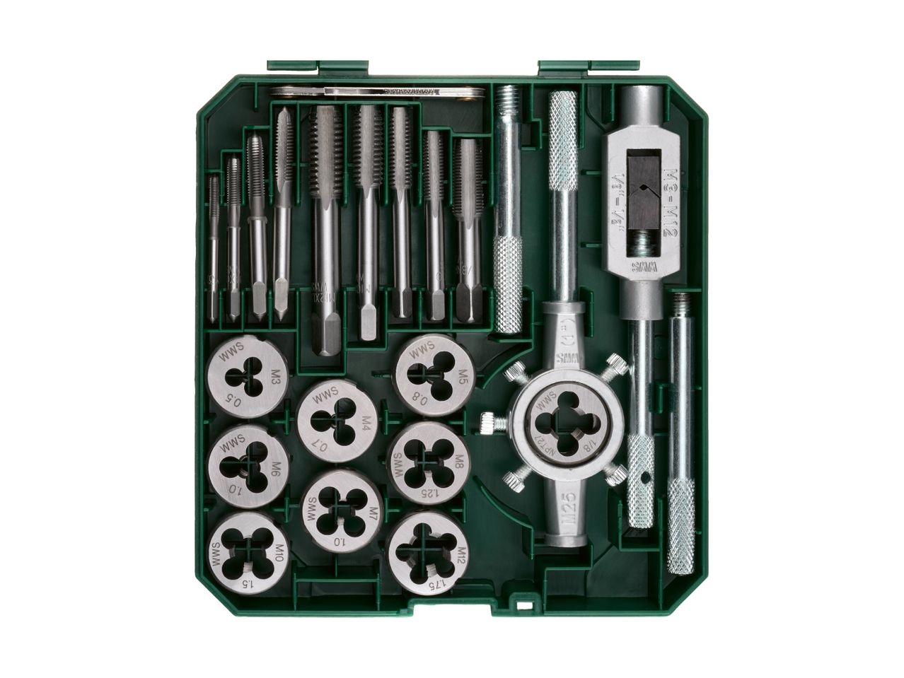 Gewindeschneidsatz in grüner Box.