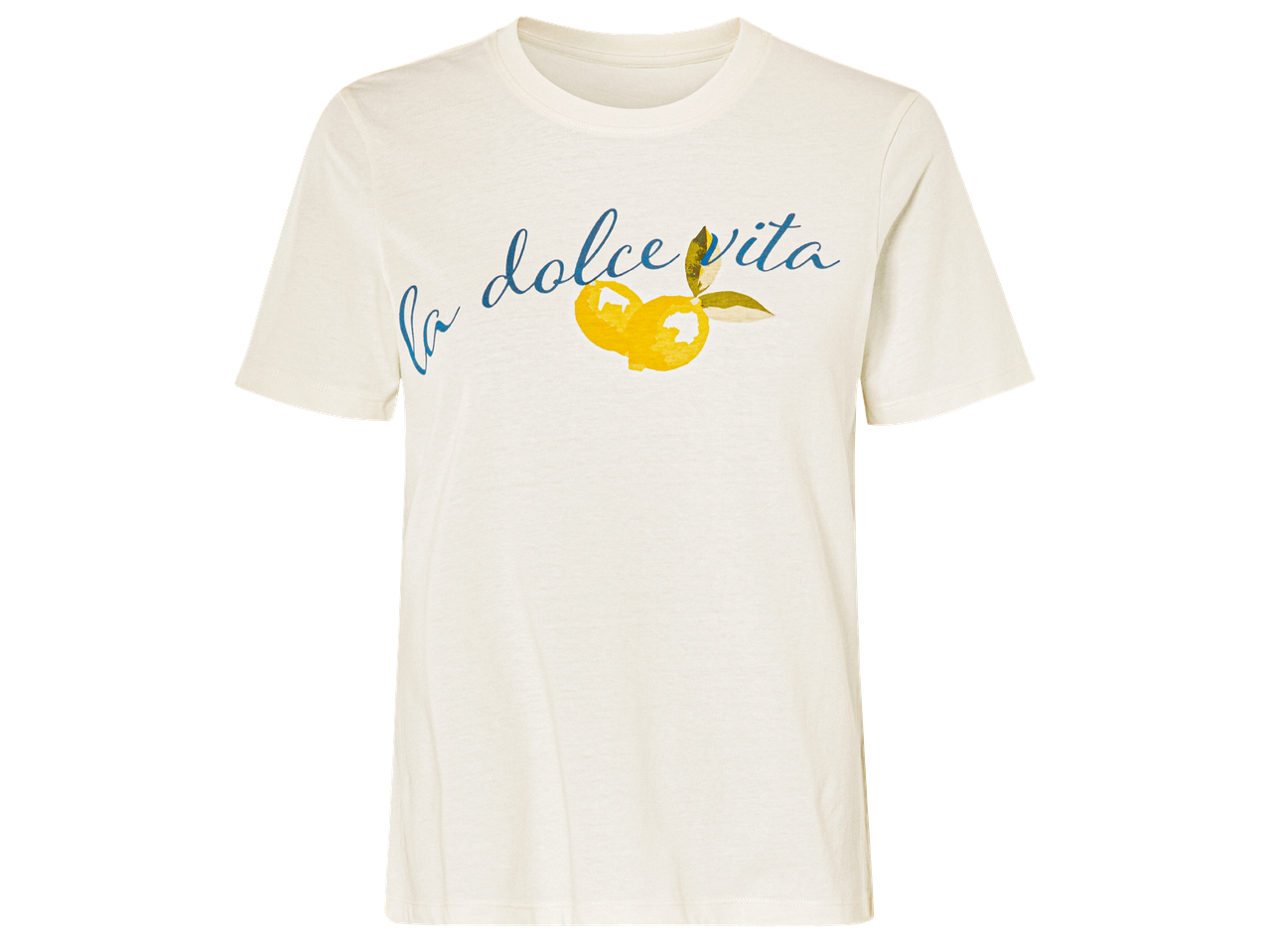 Бяла тениска с надпис 'la dolce vita' и щампа на лимони.