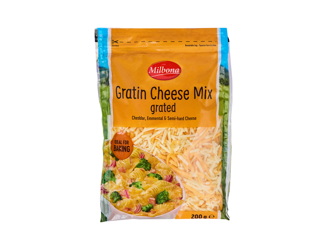 Milbona Mix de brânză rasă pentru gratinat, Cheddar, Emmental & brânză semidură, 200g