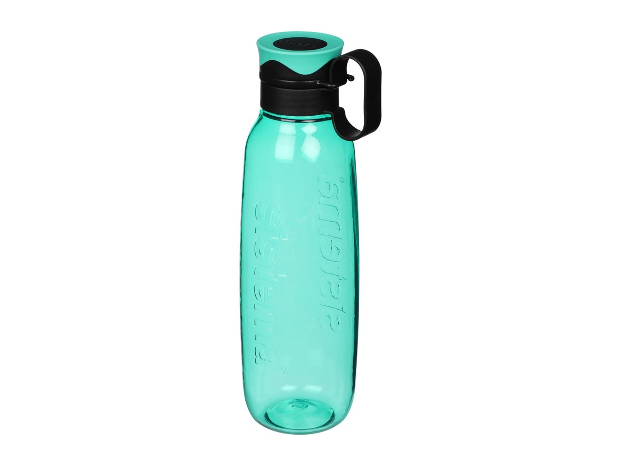 Light green reusable plastic water bottle with a black handle and lid