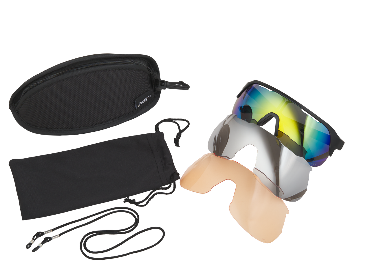 Crivit Sport Sonnenbrillen mit wechselbaren Gläsern und Etuis.
