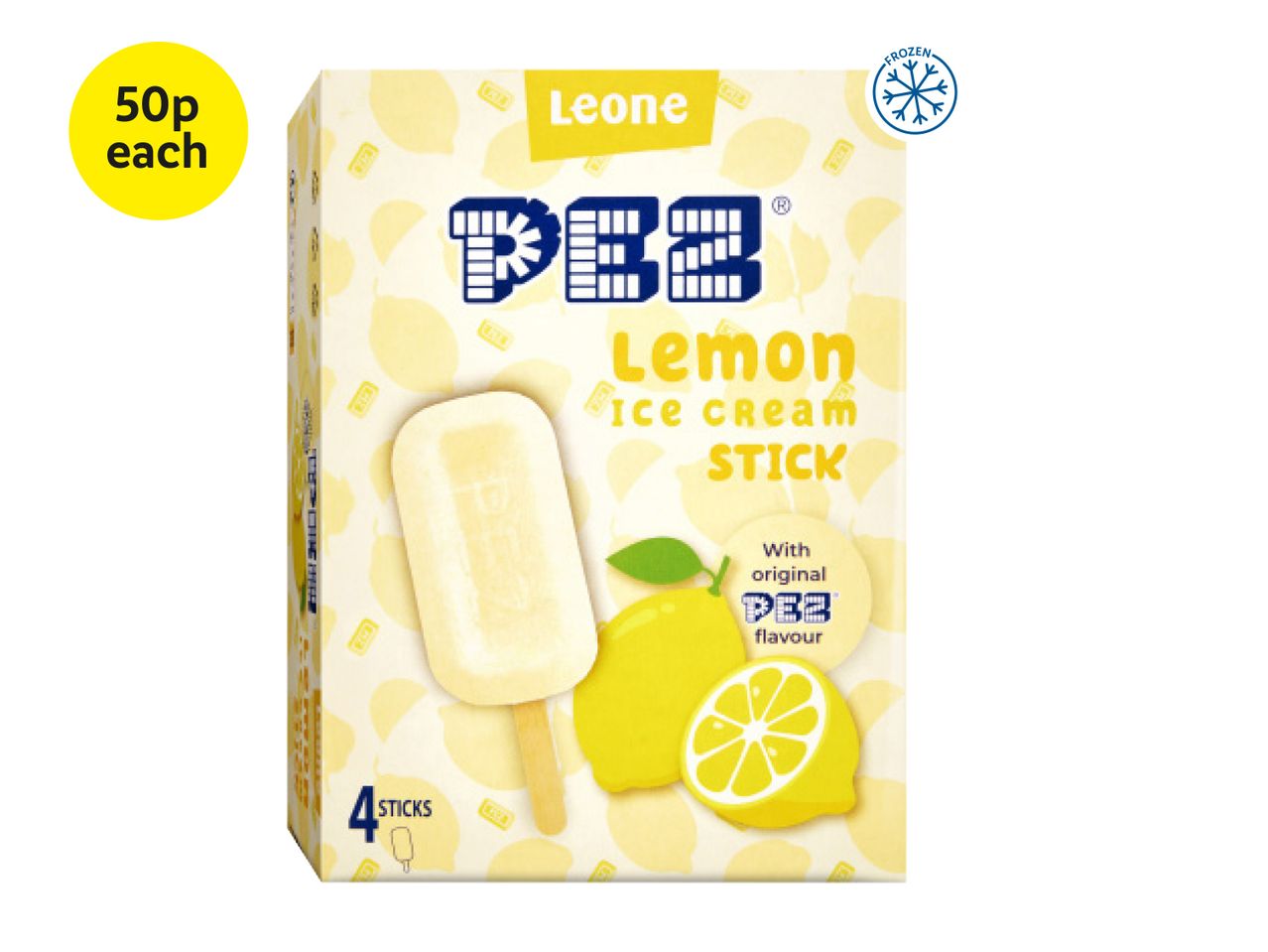 A box of four Leone PEZ Lemon Ice Cream Sticks, priced at 50p each.