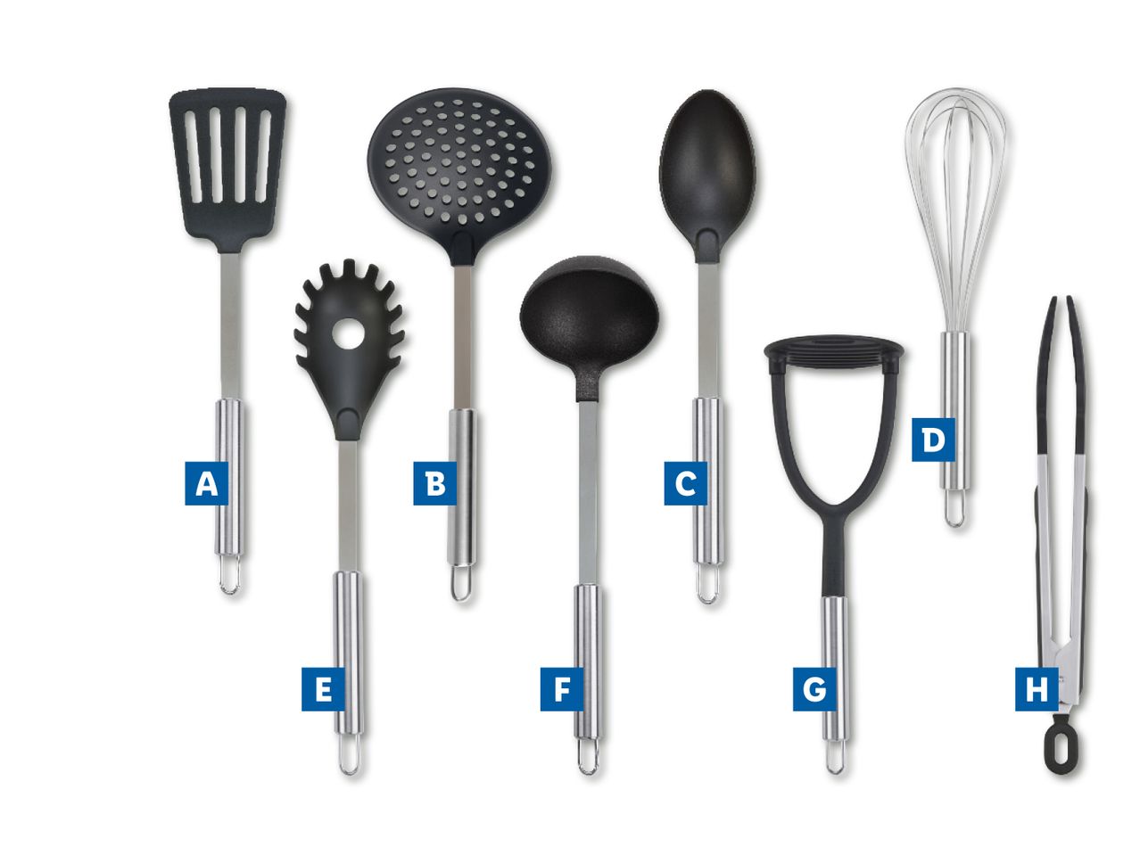 8-osaline köögitarvete komplekt: spaatel, lusikas, kühvel, vahustaja, spagettide serveerimise lusikas, kartulipuder, kastrul ja tangid.