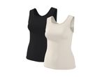 Two ribbed tank tops, one black and one cream, displayed side-by-side.