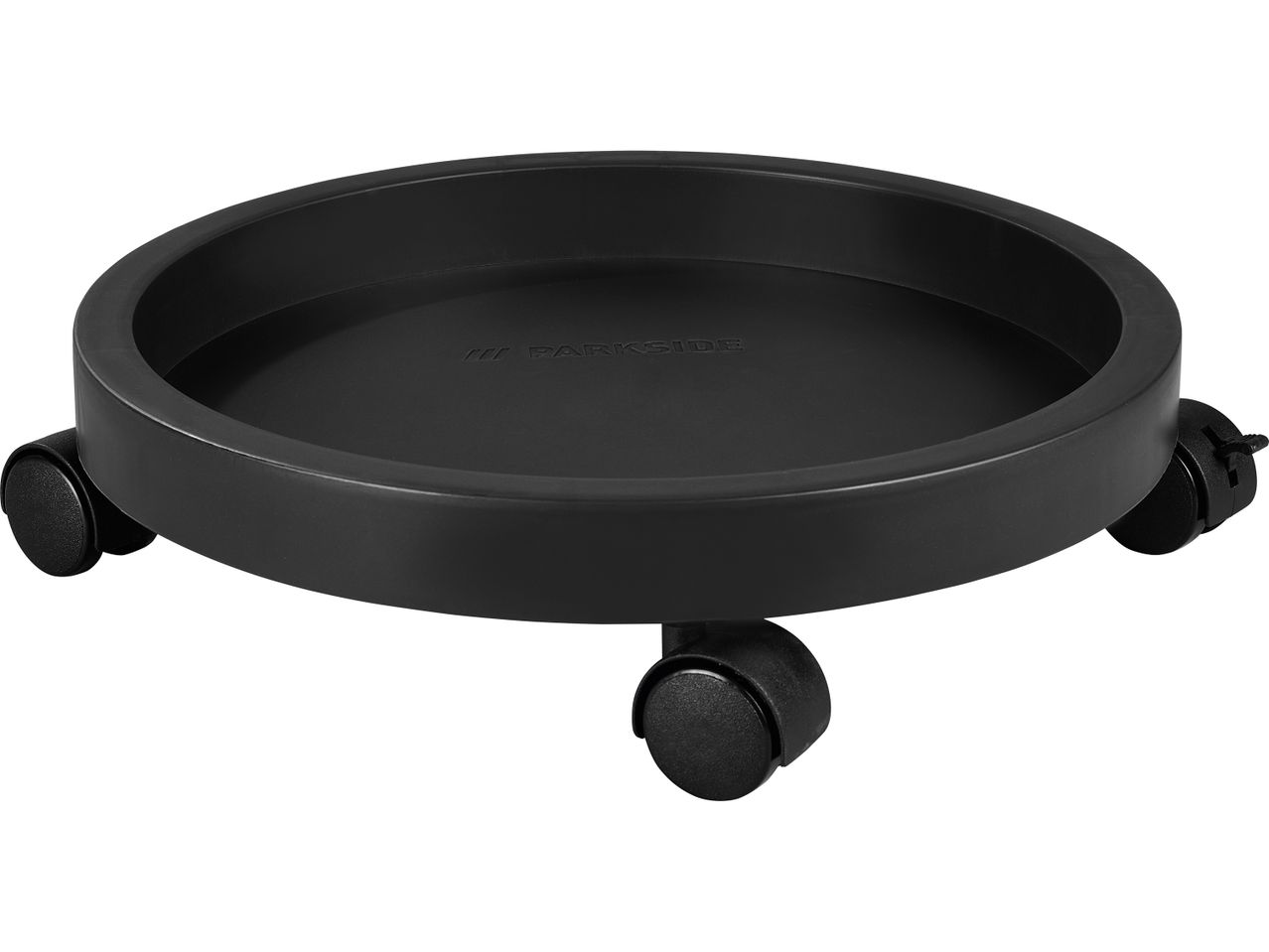 Vaso rotondo nero con ruote e logo Parkside in rilievo