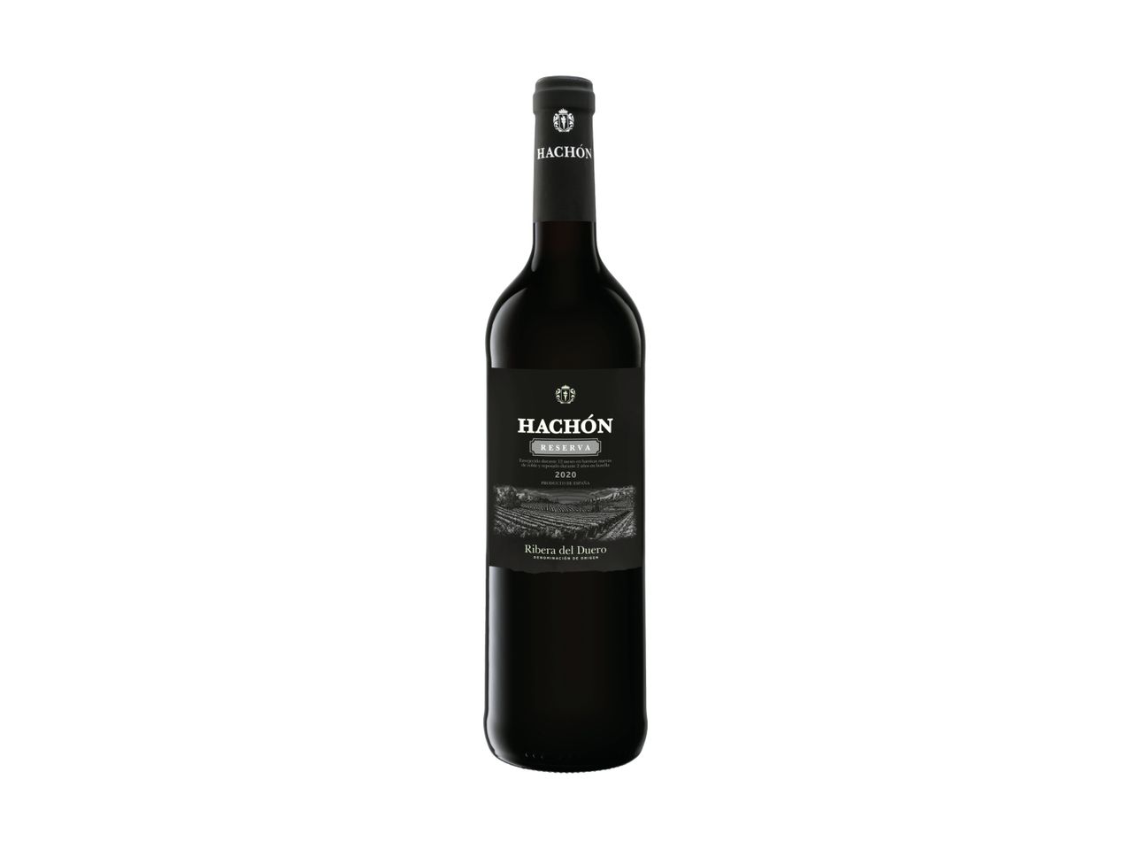 A dark red wine bottle with a black label featuring the text 'HACHÓN RESERVA 2020 Ribera del Duero' and a vineyard illustration.