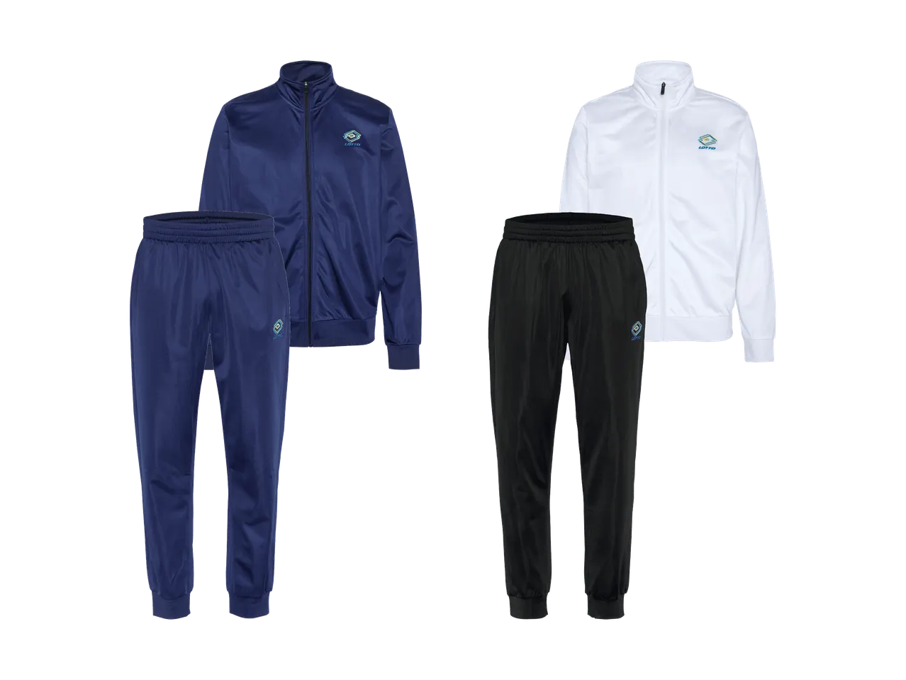 Zwei Trainingsanzüge, einer in Marineblau und einer in Weiß mit schwarzer Hose.
