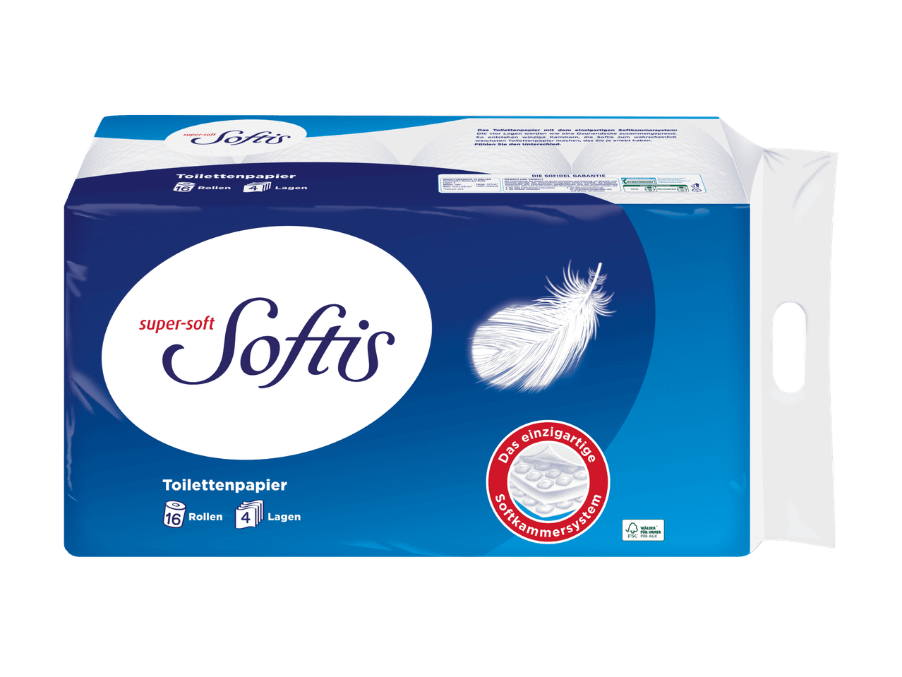 Softis Toilettenpapier, 16 Rollen, 4-lagig, mit Softkammersystem.