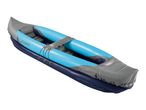 Inflatable blue and grey canoe with two seats, angled from the front left.
