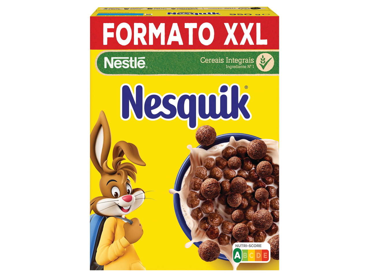 Caixa de cereais de chocolate de tamanho XXL com o coelho da marca e uma tigela de cereais.