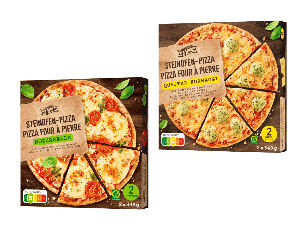 Deux paquets de pizza surgelée, une mozzarella et une quatre fromages, avec Nutri-Score A.