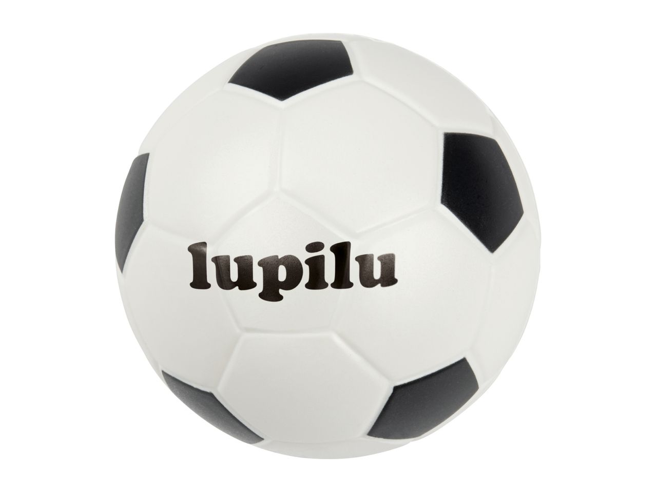 White and black toy football with the word 'lupilu' printed on it.
