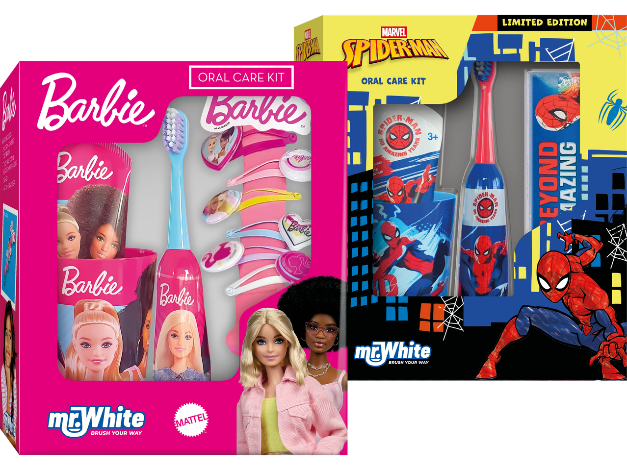 Barbie och Spiderman tandvårdskit från Mr. White.