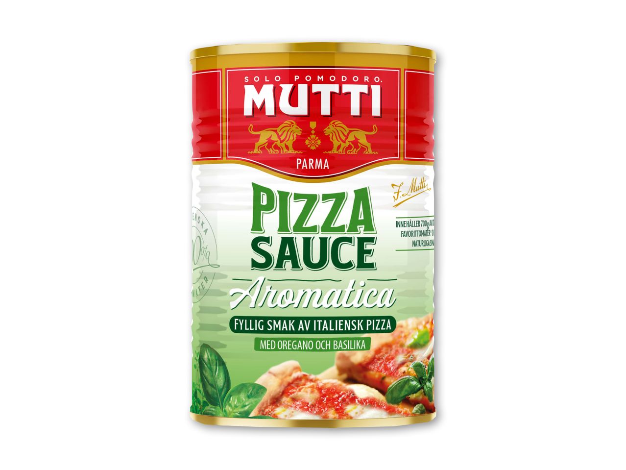 En dåse Mutti Pizza Sauce Aromatica med italiensk pizzasmag.