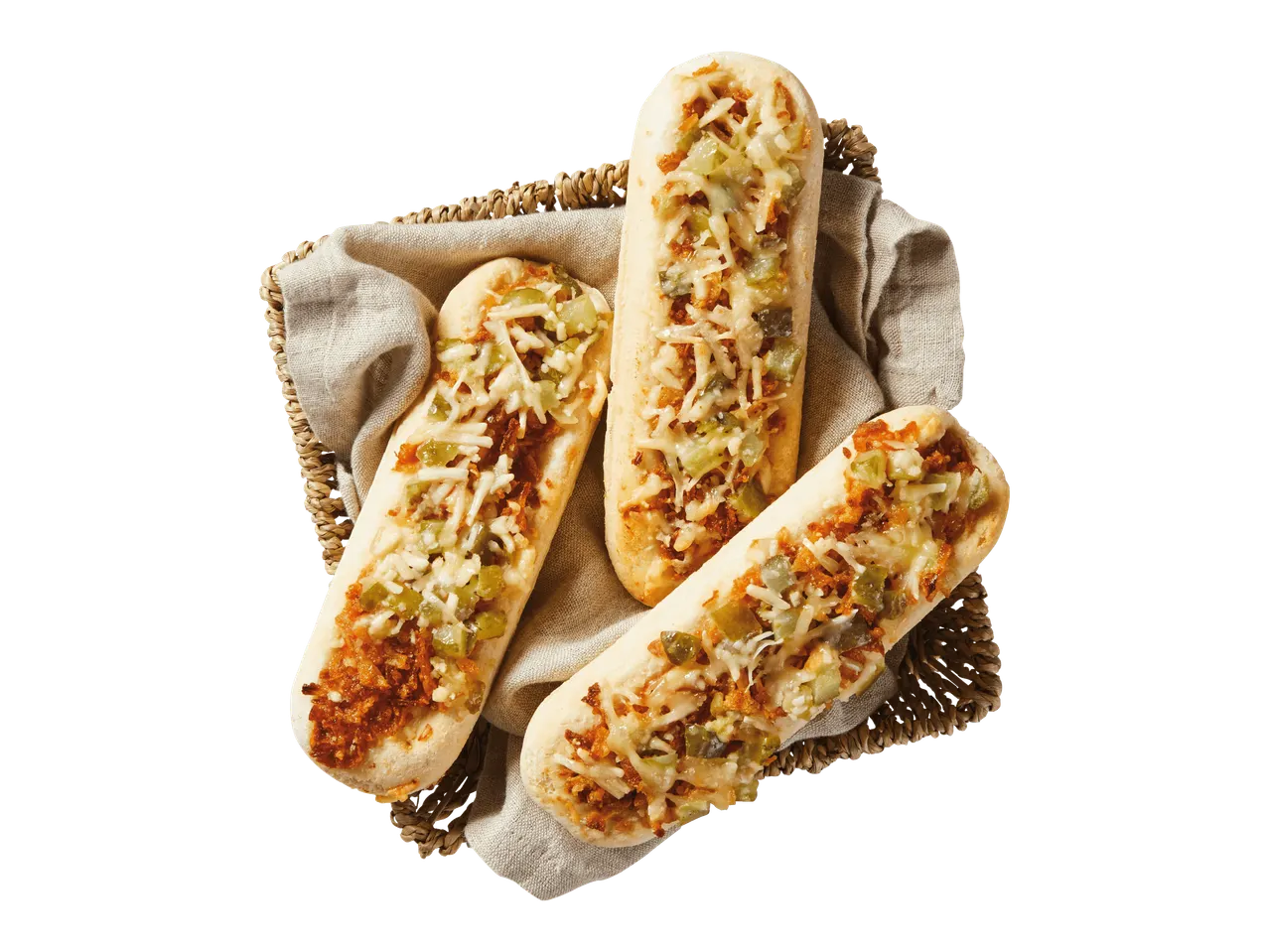 Kolme pitkulaista leipää, joissa on juustoa, vihreitä paprikoita ja ruskeaa täytettä, korissa.