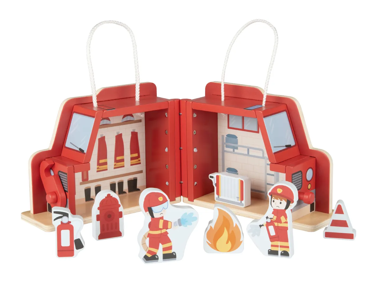 Wooden fire station playset with firefighters, fire hydrant, fire, and traffic cone.