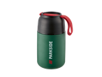 A green and black Parkside thermos with a red handle and lid.