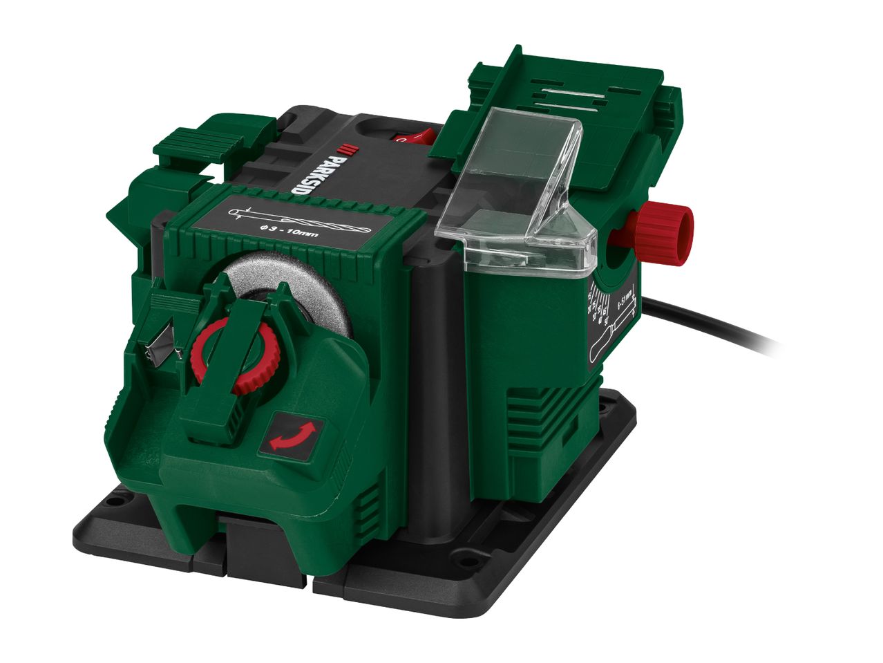 Drill bit and knife sharpener with a green and black housing, featuring a red power switch.