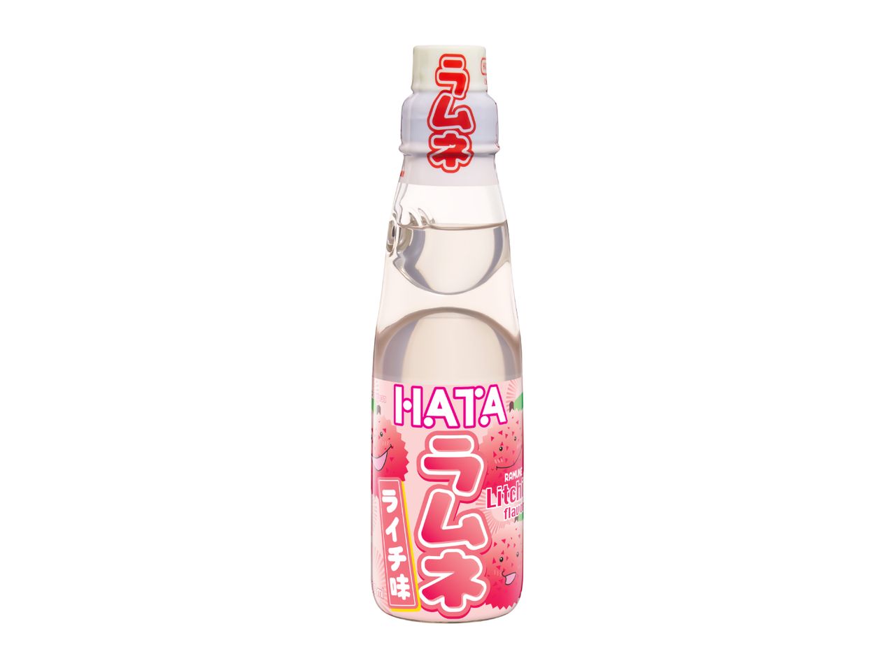 A clear glass bottle of lychee-flavored ramune soda with a pink label featuring cartoon lychees.