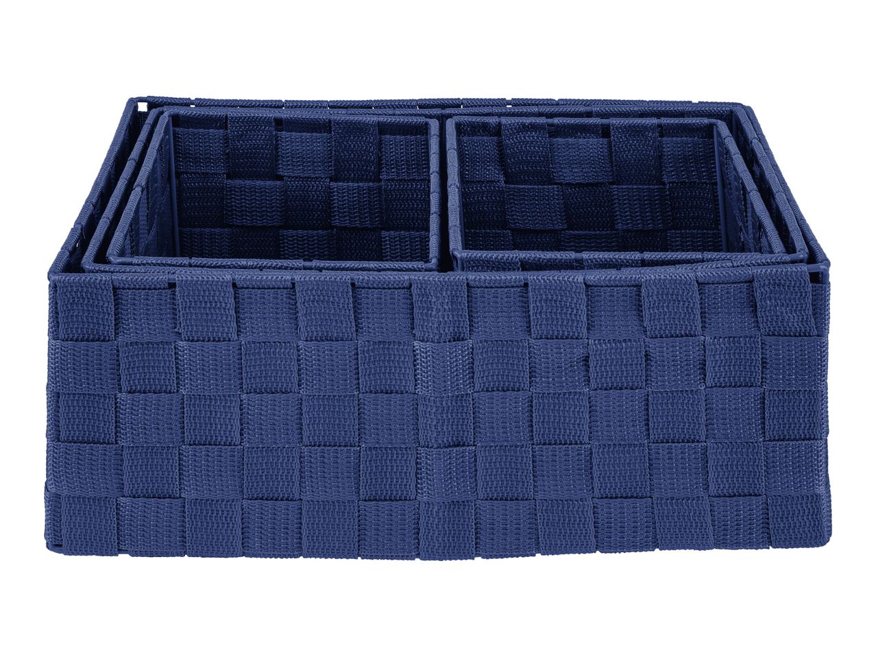 Navy blue fabric storage baskets with dividers.