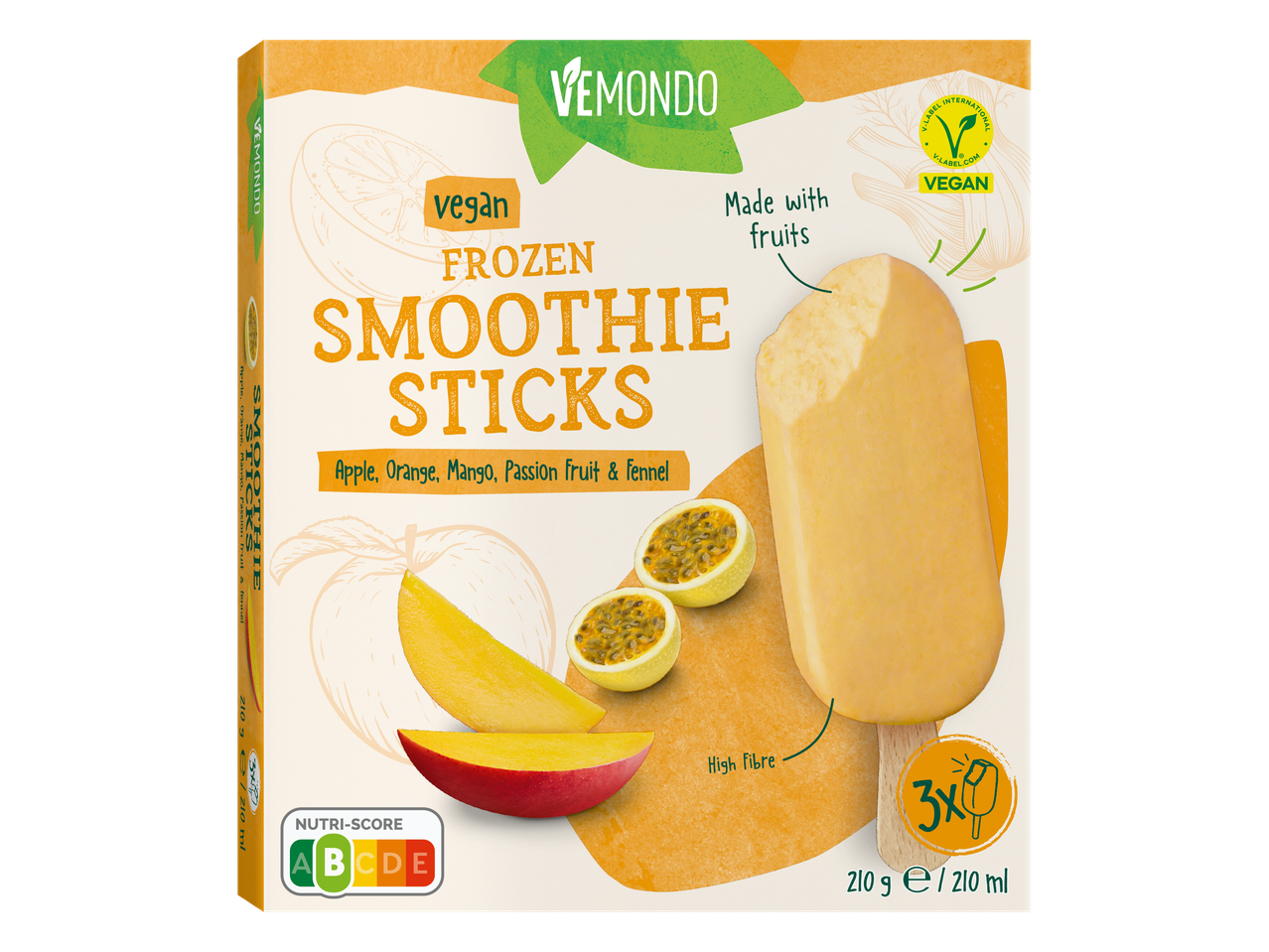 Vemondo vegane frozen smoothie sticks: appel, mango, passievrucht.