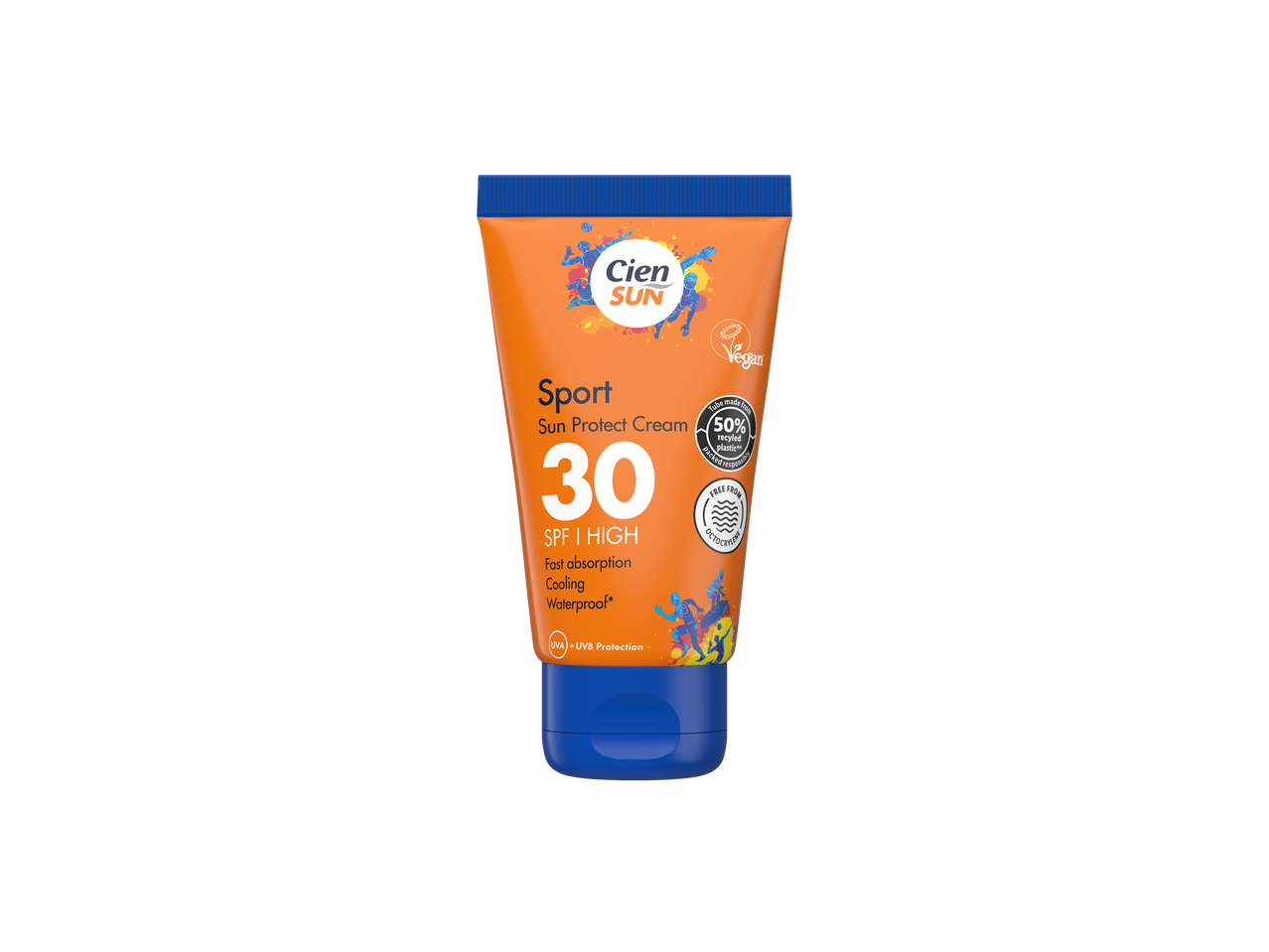 Cien Sun Sport SPF 30 zonnebrandcrème, hoge bescherming, vegan en waterbestendig.