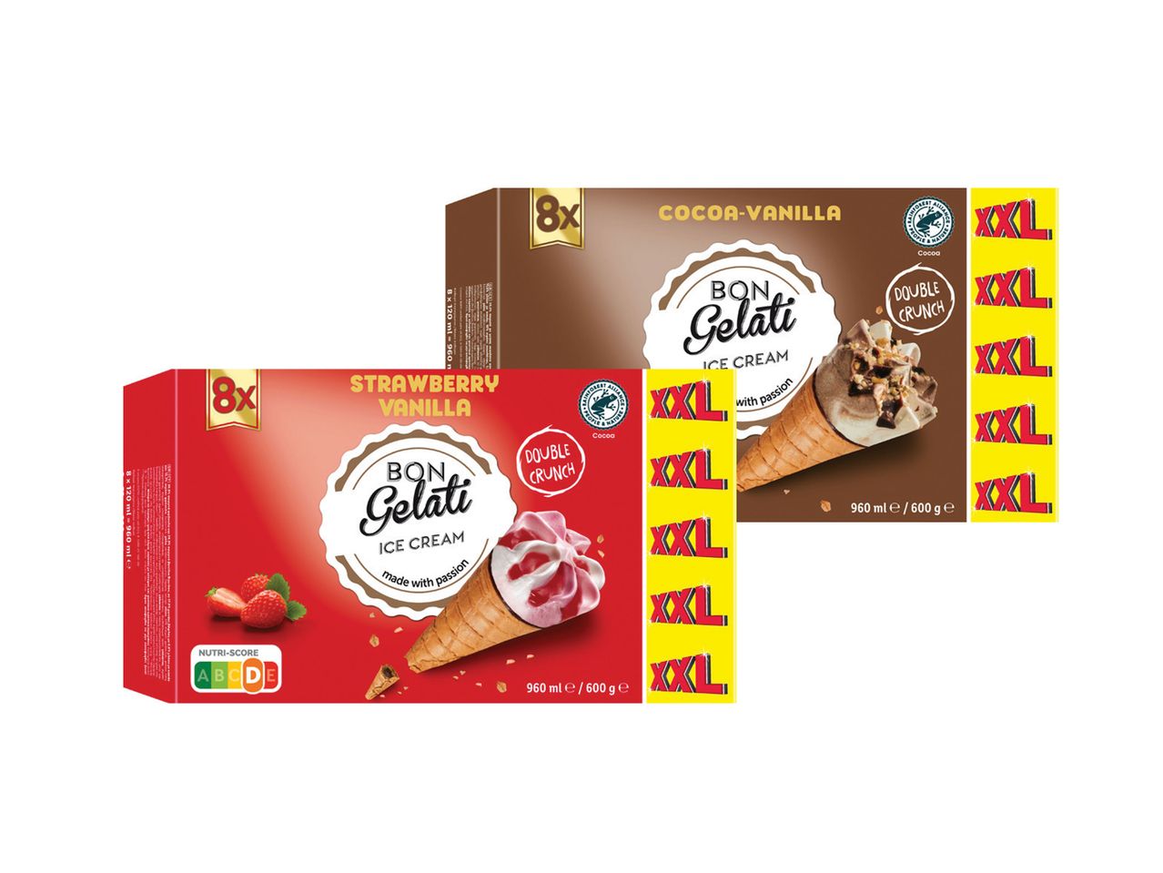 Dve kutije Bon Gelati sladoleda, jedna sa ukusom jagode i vanile, a druga sa ukusom kakao-vanile.