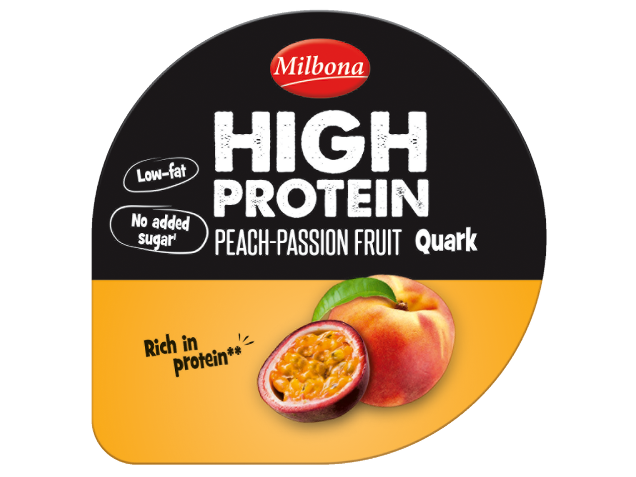 Quark Milbona: proteină ridicată, piersică-pasiune.