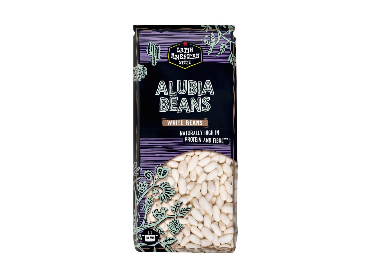 A bag of Latin American style alubia white beans, naturally high in protein and fibre.