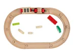 Wooden toy train set with an oval track, train, and colorful building blocks.