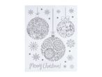 Silver glitter Christmas stickers with ornaments, snowflakes, and 'Merry Christmas!' text.
