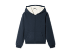 Dunkelblaue Kinder-Kapuzenjacke mit weichem, hellem Teddyfutter.
