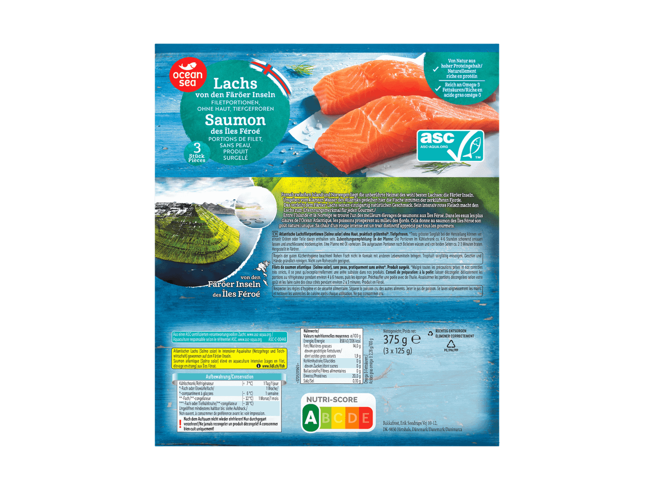 Verpackung von Lachsfiletportionen von den Färöer Inseln, tiefgefroren, mit Nährwertangaben und Zubereitungshinweisen.