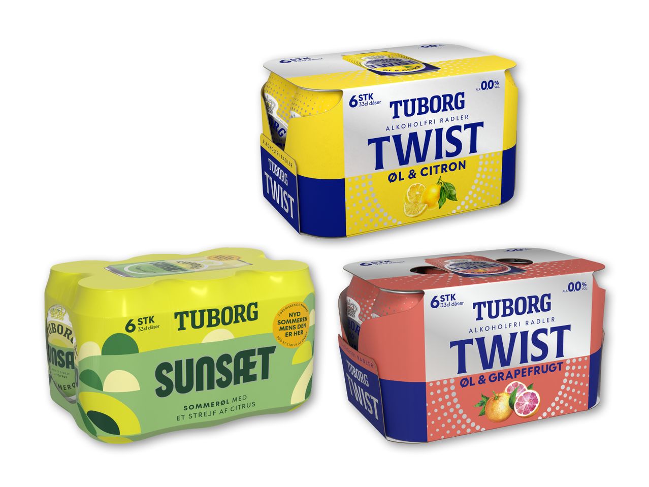Tre 6-packs med alkoholfri radler: citron, grapefrugt og en sommerøl med citrus.