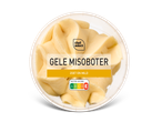 Een open bakje met gele misoboter, met de tekst 'GELE MISOBOTER' en 'ZOET EN MILD'.